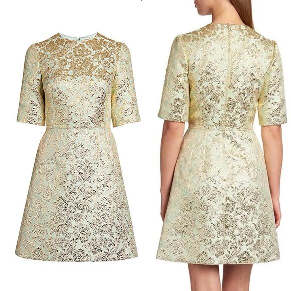 NWT Dolce & Gabbana Brocade Short-Sleeve Mini Dress in Mint Green Gold 46 US 10 - Picture 2 of 12